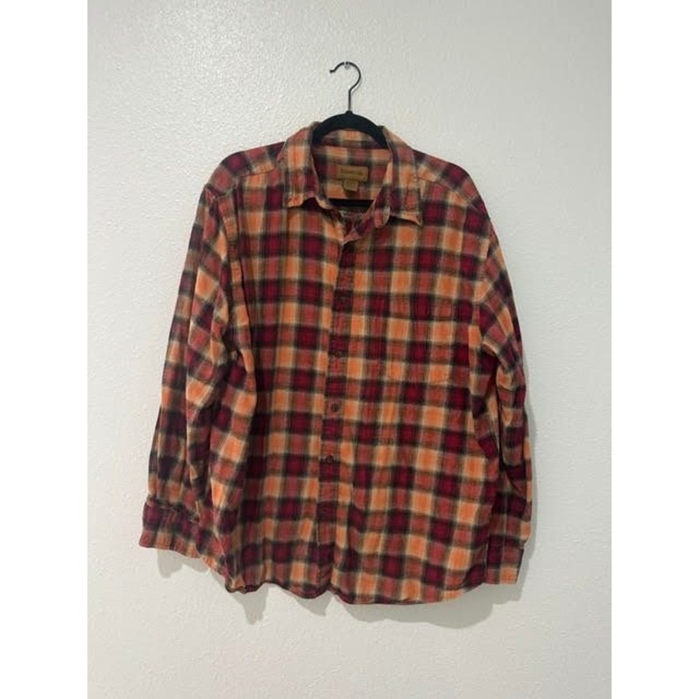 St Johns Bay Mens XL Orange Red Plaid Flannel Long Sleeve Button Down Shirt